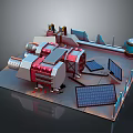 3D Rendered Computer Equipment Scene With Large Red Silver Machine Solar Panels And Monitors