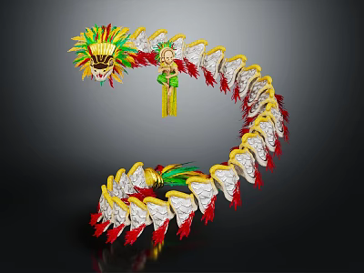 Colorful Decorative Dragon Art Piece With Feathered Head Tassel And Vibrant Scales 3d model