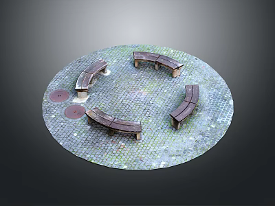 Outdoor Circular Paved Seating Area With Wooden Benches And Stone Floor 3d model