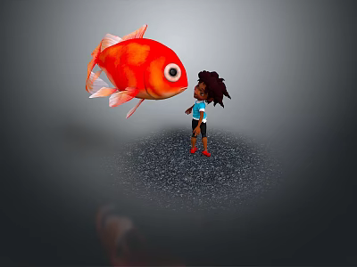 Curly Haired Little Girl Facing Big Orange Fish With Large Eyes On Dark Background 3d model