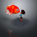 Curly Haired Little Girl Facing Big Orange Fish With Large Eyes On Dark Background