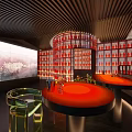 Modern KTV Interior With Circular Red Wine Bottle Rack Bar Counter Green Seats And City Night View