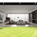 Modern Living And Dining Room Interior With Beige Sofa Dark Wood Shelves And Window Blinds