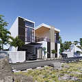 Modern Semi Detached Villa Exterior Design With Driveway Trees And Glass Windows