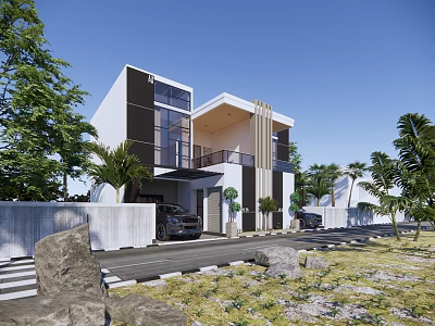 Modern Semi Detached Villa Exterior Design With Driveway Trees And Glass Windows 3d model