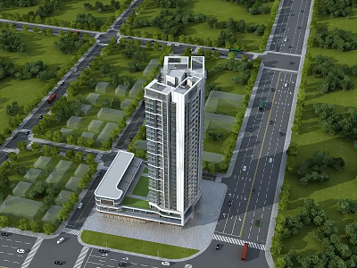 Modern High Rise Residential Building With Surrounding Greenery And Urban Roads 3d model