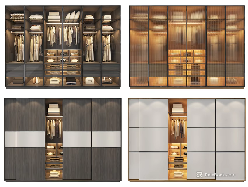 Modern Wardrobe Design With Glass Doors Hanging Rods Shelves And Wooden Drawers 3d model 
