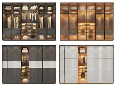Modern Wardrobe Design With Glass Doors Hanging Rods Shelves And Wooden Drawers 3d model