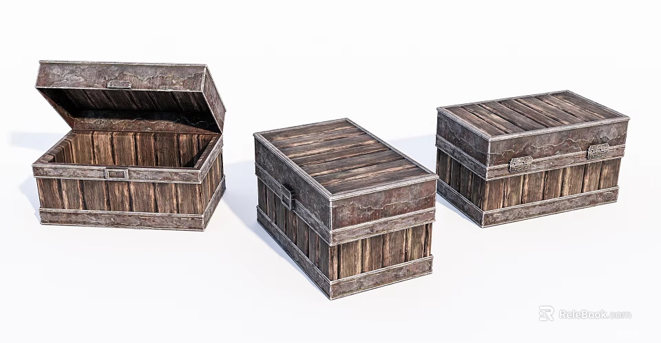 Three Vintage Wooden Trunks with Rustic Design and Metal Clasps 3d model 
