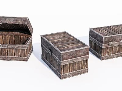 Three Vintage Wooden Trunks with Rustic Design and Metal Clasps 3d model