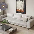 White Leather Three Seater Sofa with Pillows and Wall Art in Living Room with Floor Lamp
