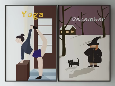 Yoga Practice Illustration and December Winter Scene With Black Cat Witch 3d model