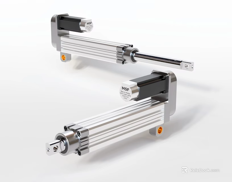 Two Industrial Linear Actuators With Aluminum Body Black Components And Orange Mounts 3d model 