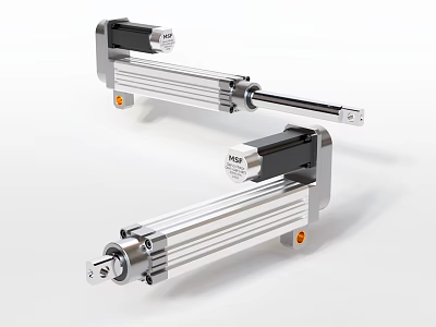 Two Industrial Linear Actuators With Aluminum Body Black Components And Orange Mounts 3d model