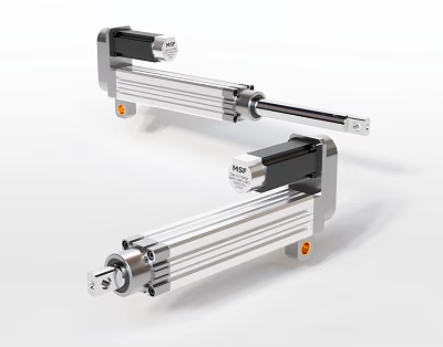 Two Industrial Linear Actuators With Aluminum Body Black Components And Orange Mounts 3d model