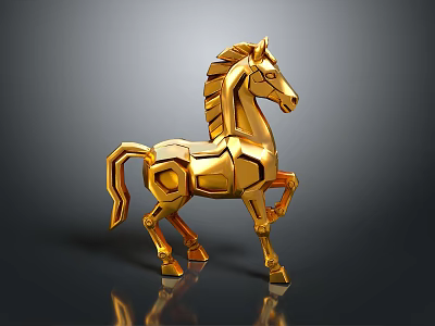 Golden Geometric Horse Sculpture With Modern Design And Shiny Reflective Base 3d model