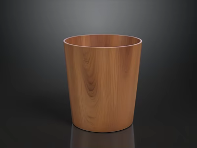 Wooden Cylindrical Trash Can With Natural Wood Grain Surface On Dark Background 3d model