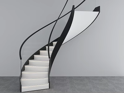 Modern Spiral Staircase with White Steps Black Handrail and Glass Railing 3d model