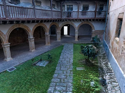 Historic Building Courtyard With Arched Arcades Stone Columns Flagstone Path Lawn And Green Plants 3d model