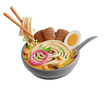 Delicious Ramen Bowl With Noodles Soft Boiled Egg Meat Chunks Scallions Chopsticks And Spoon 3d model