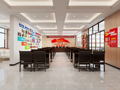 Bright Spacious Party Building Meeting Room With Neat Wooden Chairs And Cultural Display Walls 3d model