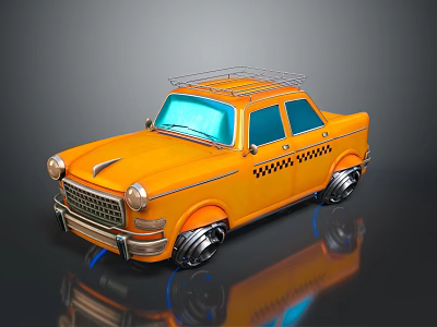 Orange Classic Taxi With Roof Luggage Rack Checkered Doors Blue Windows And Silver Wheels 3d model