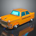 Orange Classic Taxi With Roof Luggage Rack Checkered Doors Blue Windows And Silver Wheels