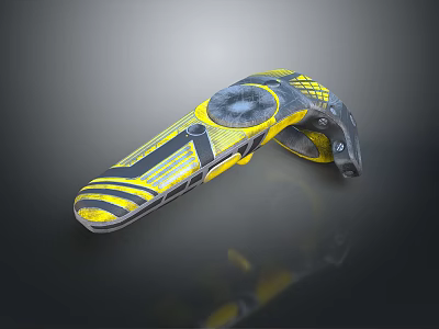 Yellow And Black Striped Hand Tool Featuring Circular Component And Metal Parts 3d model