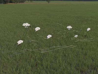 White Flower Shaped Metal Outdoor Wall Decor in Green Grass Landscape Setting 3d model
