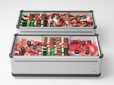 Stacked Commercial Display Freezers Filled With Various Fresh Meat Products And Cuts 3d model
