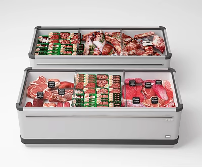 Stacked Commercial Display Freezers Filled With Various Fresh Meat Products And Cuts 3d model