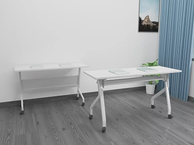 White Mobile Functional Desk with Wheels and Mats in Minimalist Room with Potted Plant 3d model