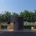 Modern Architectural Pavilions With Glass Facades And Tree Surroundings On Tile Floor