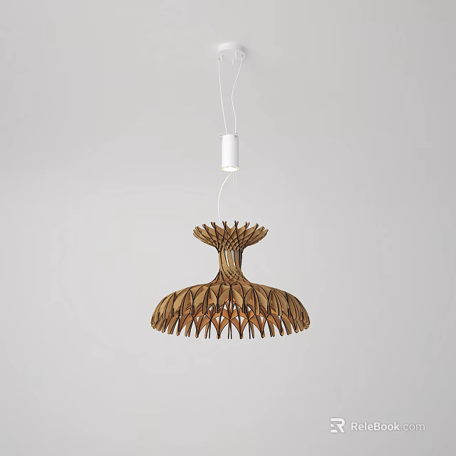 Unique Wooden Chandelier With Intricate Petal Shaped Structure In Minimalist Light Interior Design 3d model 
