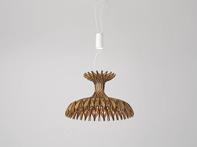 Unique Wooden Chandelier With Intricate Petal Shaped Structure In Minimalist Light Interior Design 3d model