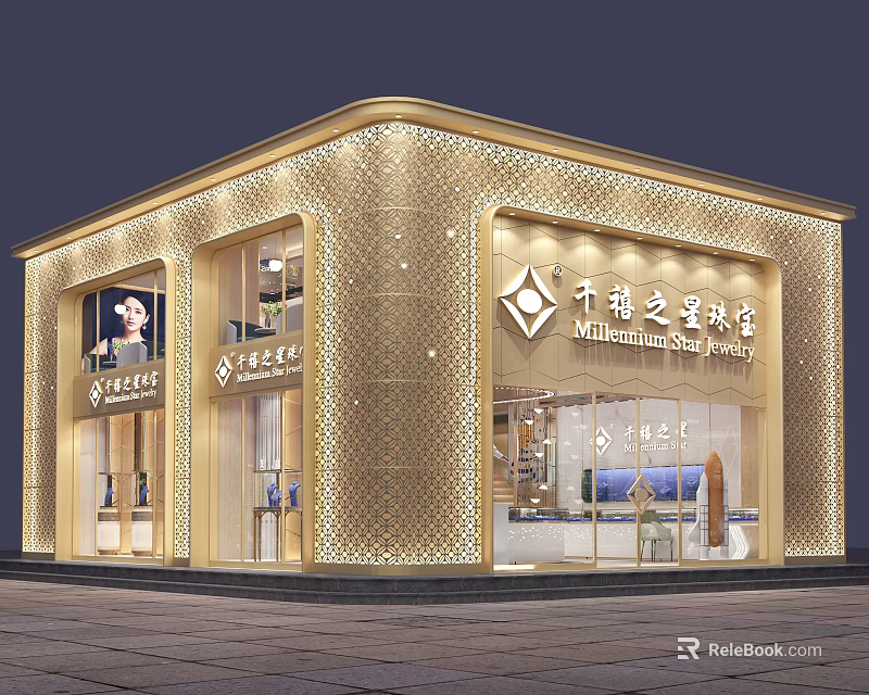 Elegant Luxury Millennium Star Jewelry Shop Golden Facade Design With Exquisite Warm Decorative Lighting 3d model 