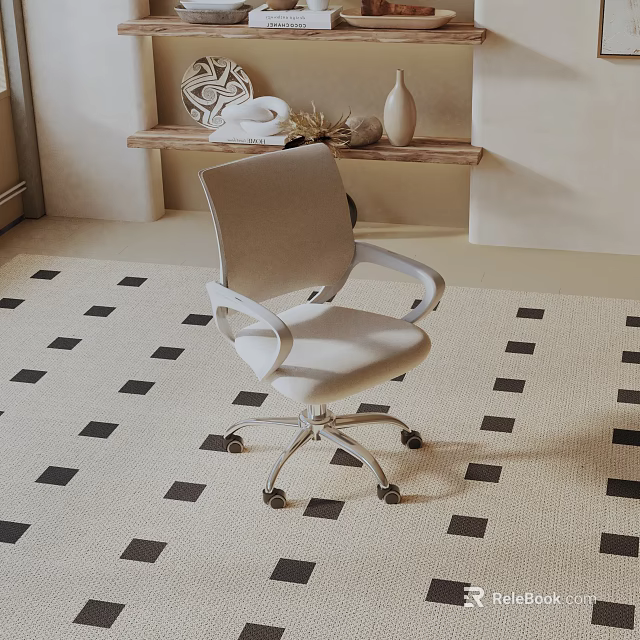 Modern Beige Upholstered Leisure Chair With Armrests And Wheels On Geometric Rug 3d model 