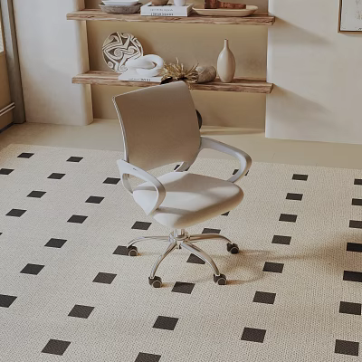 Modern Beige Upholstered Leisure Chair With Armrests And Wheels On Geometric Rug 3d model