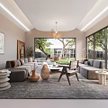 Modern Living and Dining Room Interior With Grey Sofa Coffee Table Chandelier And Large Windows