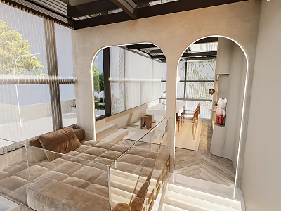 Luxurious Villa Balcony With Tufted Sofa Glass Railing And Arched Openings 3d model