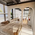Luxurious Villa Balcony With Tufted Sofa Glass Railing And Arched Openings