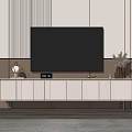 Modern TV Stand With Wall Mounted TV And Decorative Plant On Wooden Striped Wall