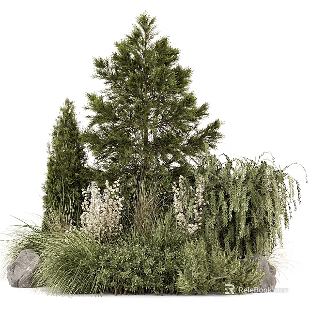 Beautiful Garden Landscape With Green Plants White Flowers Evergreen Shrubs And Grasses 3d model 
