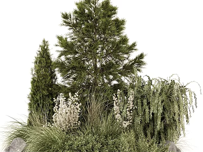 Beautiful Garden Landscape With Green Plants White Flowers Evergreen Shrubs And Grasses 3d model