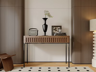 Modern Console Table With Wooden Top Black Metal Legs Vase Photo Frame On Geometric Rug 3d model