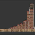 Red Brick Industrial Building Complex With Tall Tower Connected Roofs And Wooden Fence