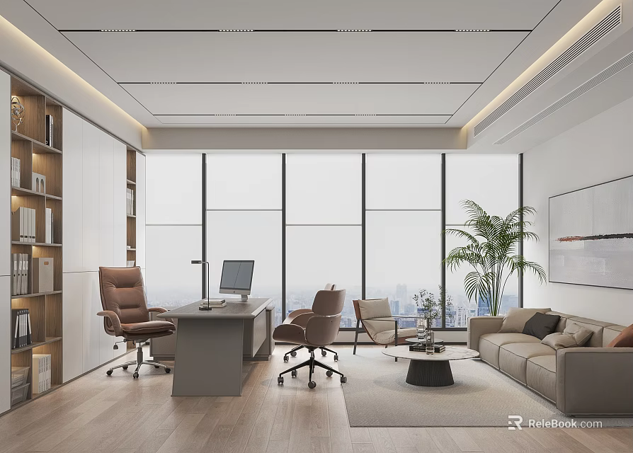 Modern Office Interior With Large Windows City View Desk Computer Sofa And Plant 3d model