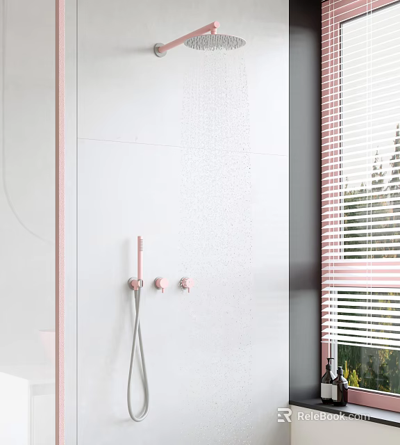 Stylish Pink Shower System on White Bathroom Wall with Blinds and Green Outdoor Plants 3d model 