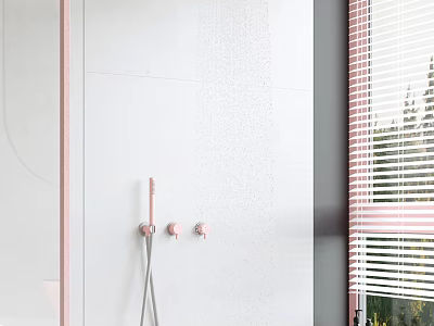 Stylish Pink Shower System on White Bathroom Wall with Blinds and Green Outdoor Plants 3d model