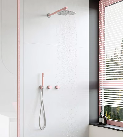 Stylish Pink Shower System on White Bathroom Wall with Blinds and Green Outdoor Plants 3d model